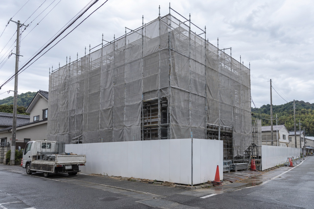 足場とシートで覆われた建物と、白い仮囲い（イメージ画像）