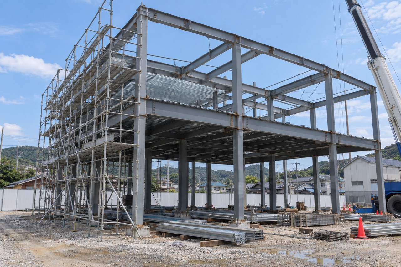 柱と梁が組み上がった2階建ての鉄骨造の建物（イメージ画像）