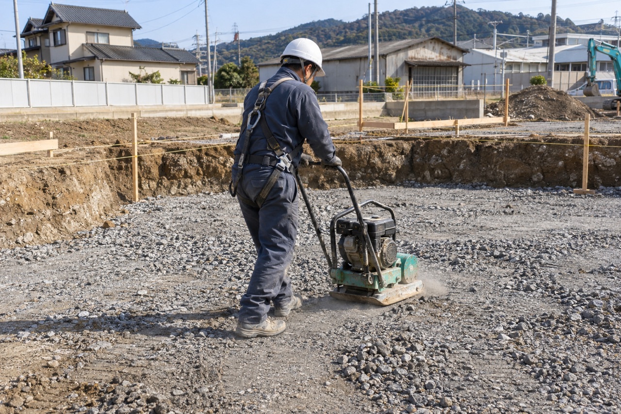 掘った地面に敷いた砕石を、職人が締固めの機械で固める様子（イメージ画像）