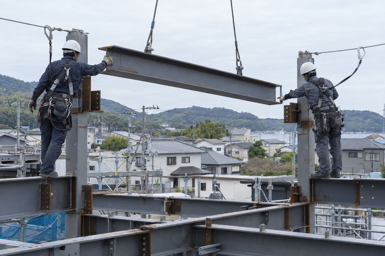 骨組みの上で、親綱に安全帯を掛けた職人2人が、吊られた梁を柱のブラケットへ導く様子（イメージ画像）